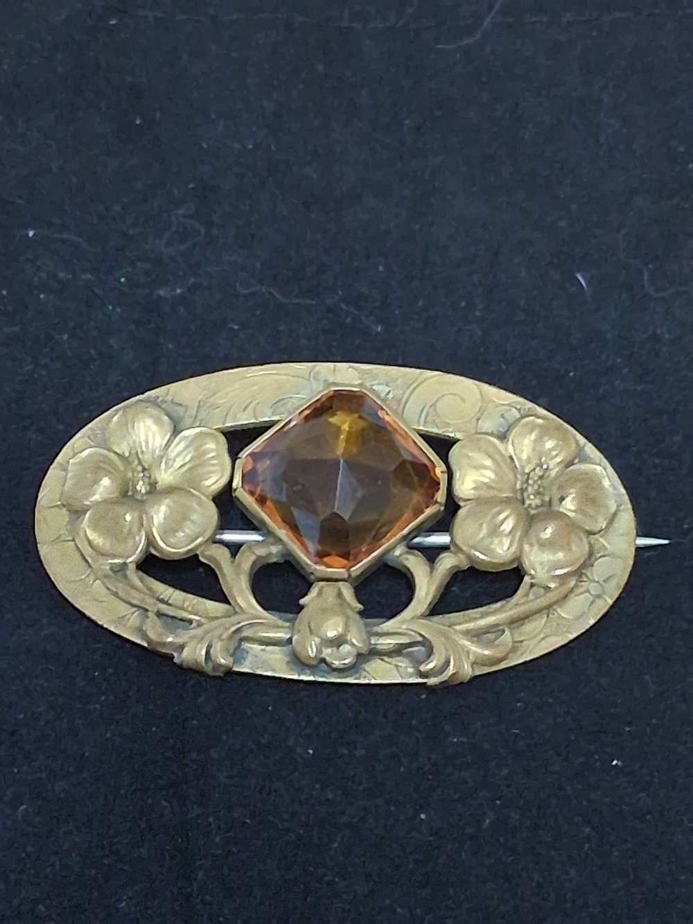 Victorian-Style Brass Floral Brooch with Amber Faceted Stone